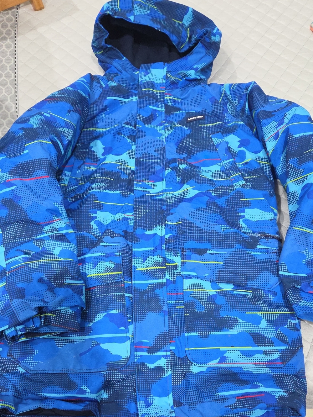 Lands End. Blue Camouflage Hooded Kids Snow Jacket